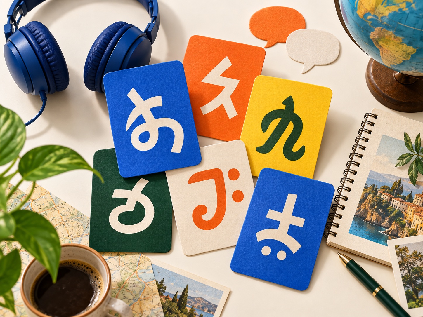 Colourful language cards, headphones and a travel notebook