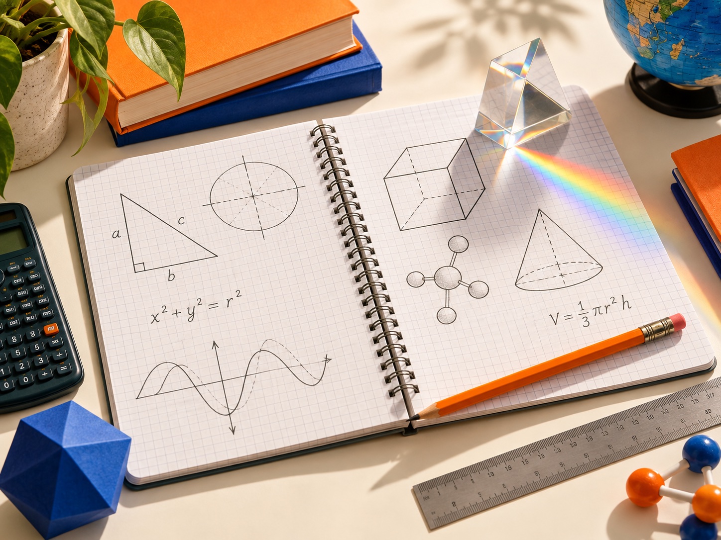 Maths and Science learning materials arranged on a desk